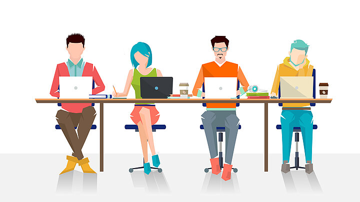 Kolorowa grafika dekoracyjna. Cztery osoby siedzą w rzędzie przy długim stole. Mają otwarte przed sobą laptopy.