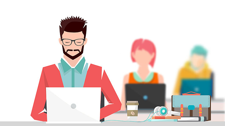 Grafika dekoracyjna. Trzy osoby pracują przy biurku. Przed sobą mają otwarte laptopy.